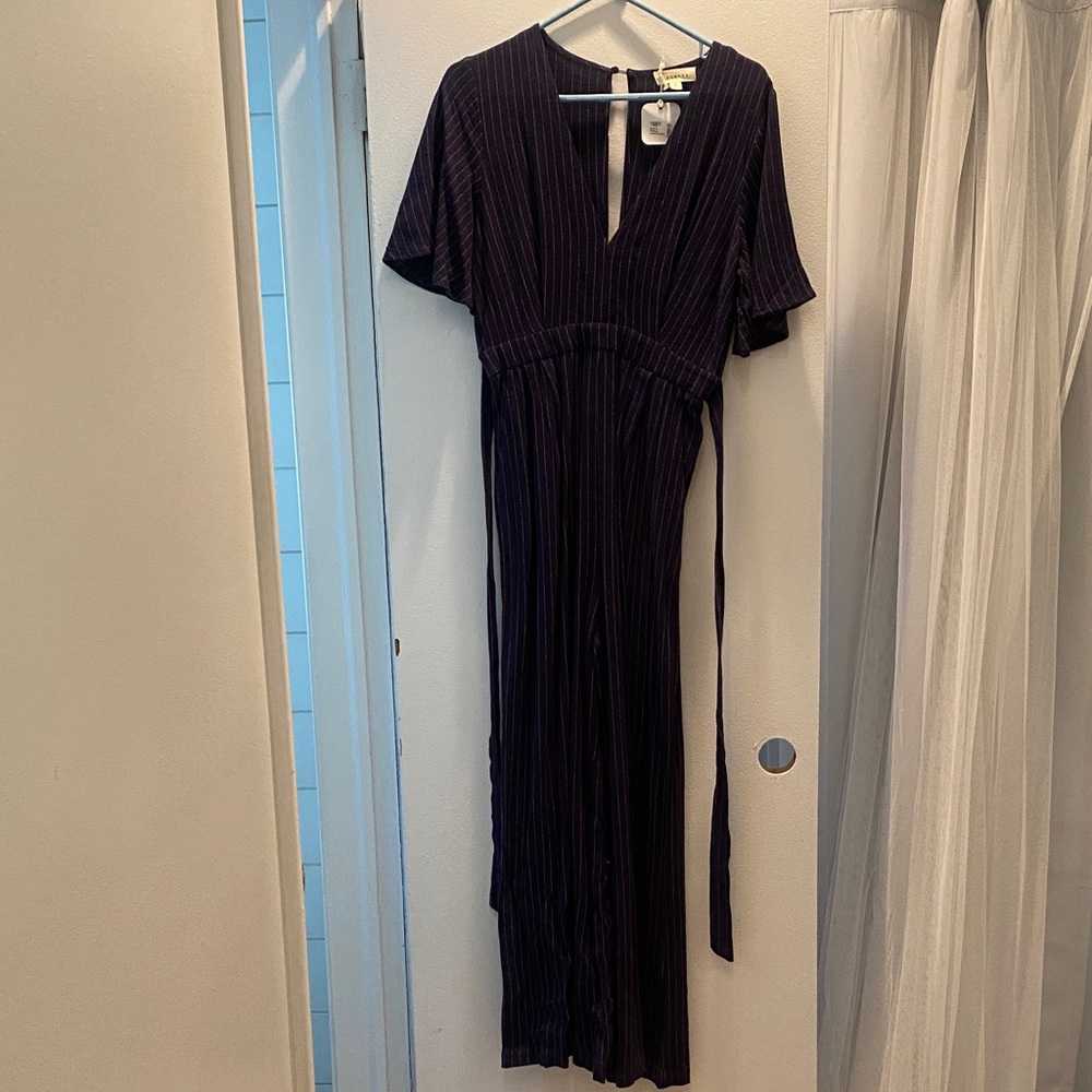 Promesa navy striped jumpsuit with tie